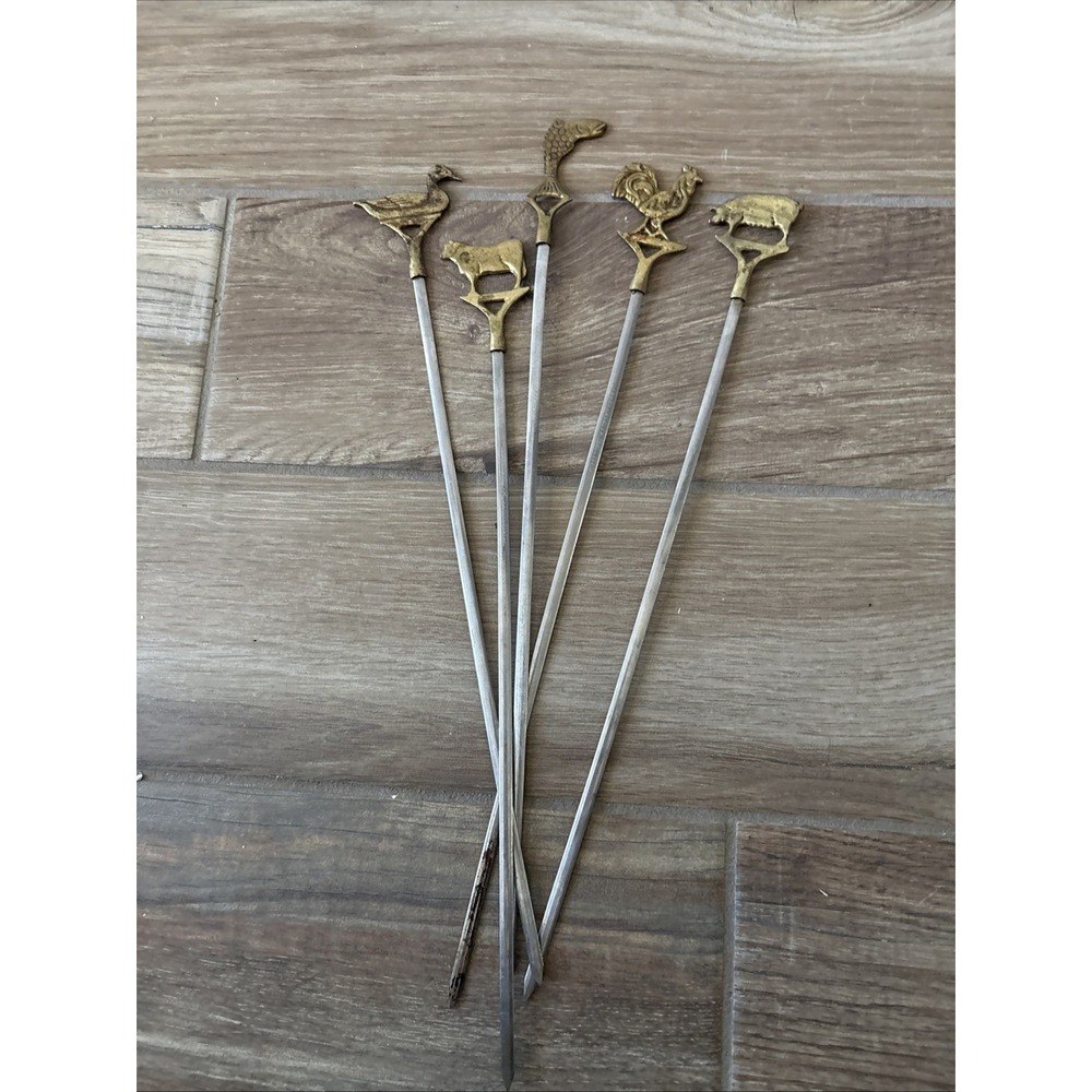Vintage Lot 5 Stainless Steel & Brass Skewers Turkey Sener Turkish‎ Kabob 16"